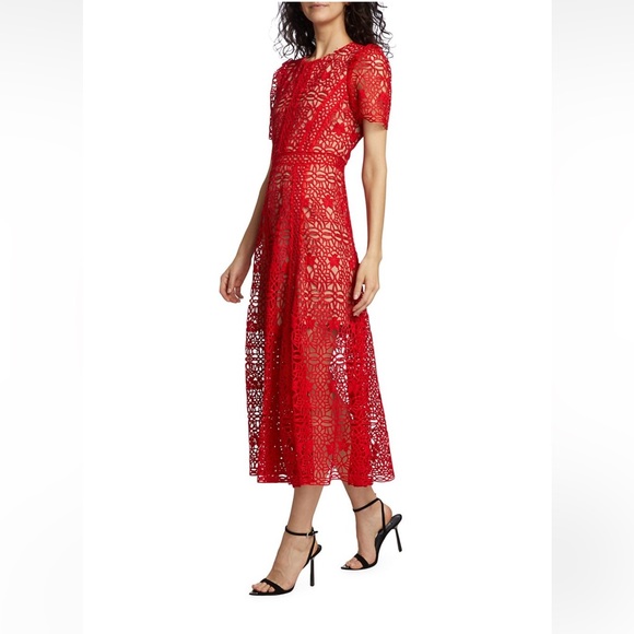 Self-Portrait Guipure lace short-sleeve midi dress RED 2 - Picture 6 of 6